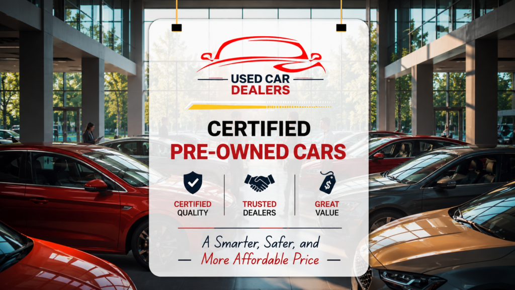 Used Car Dealers certified pre-owned cars banner featuring a modern dealership showroom with multiple vehicles on display. The design includes a red car silhouette logo, the headline “Certified Pre-Owned Cars,” and the tagline “A Smarter, Safer, and More Affordable Price,” highlighting trusted used car dealers and quality pre-owned vehicles.
